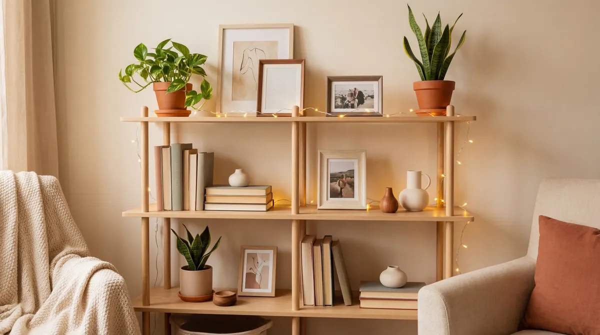 Shelf decorated with affordable finds