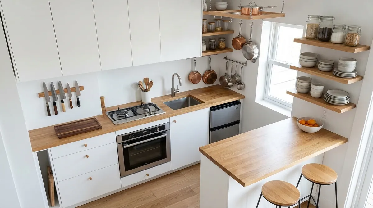 Overhead view of perfectly organized tiny kitchen
