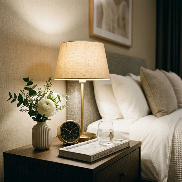 Luxury nightstand styling — lamp, vase, books