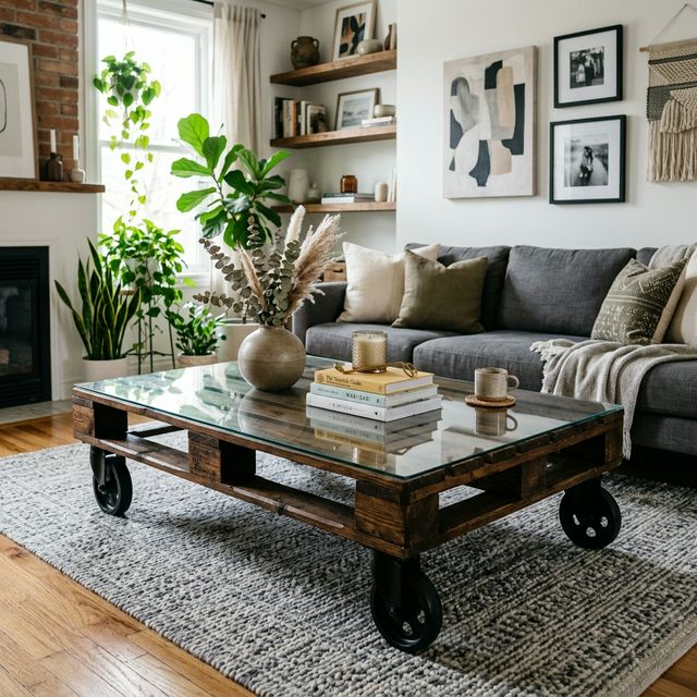 Pallet coffee table — walnut stain, casters, glass top
