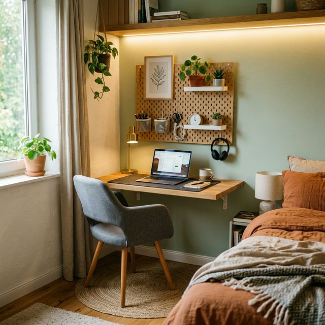 Small bedroom WFH corner — floating desk + pegboard