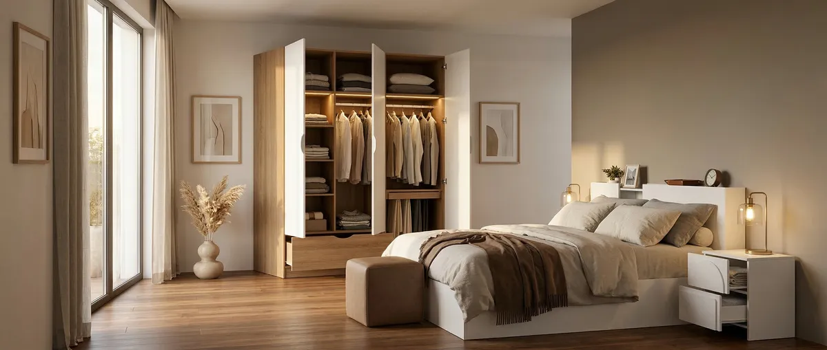 Luxurious bedroom with real wood wardrobe, Quiet Luxury style