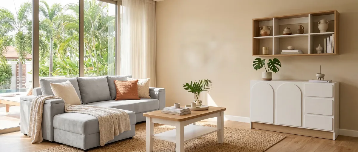 Natural style living room with sofa and tropical plants